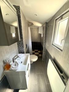 a bathroom with a sink and a toilet and a mirror at Au coeur de Kaysersberg-Le Cocon de Jeanne in Kaysersberg