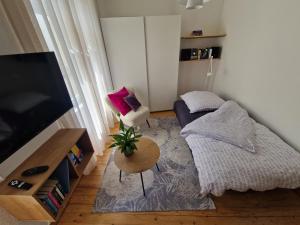 a living room with a couch and a tv at Ferienwohnung in Ehrenbreitstein in Koblenz