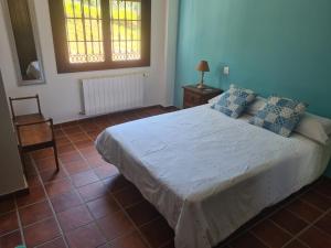 a bedroom with a large bed with blue walls and a window at Casa Paco de Gredos in Arenas de San Pedro
