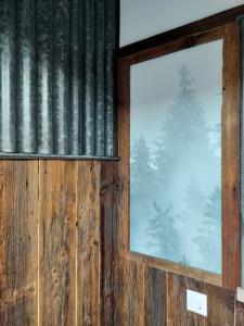 a window in a room with wooden walls and a curtain at Appartement neuf Le Grenier d'Oscar in La Bresse