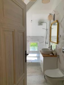 a bathroom with a sink and a toilet and a mirror at Villa Maria Rosaria in Oborniki Śląskie +70 photos