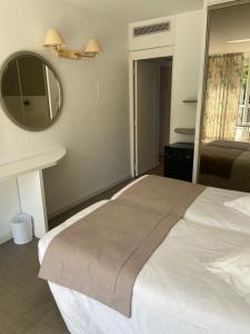 a bedroom with a large bed and a mirror at Les Alcyons in Le Lavandou