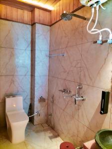 a bathroom with a shower and a toilet at RATAN HOMES Sunrise Valley in Jāmb