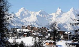 a snowy mountain range with a town in the foreground at Pracondu 1 401 - OUTDOOR & FUN apartment 8 pers in Nendaz