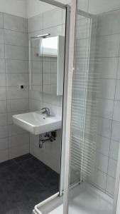 un bagno bianco con lavandino e doccia di two double bedrooms in center a Vienna