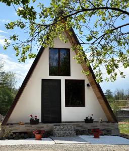 a small house with a triangular roof at Casuțele de la răscruce in Uric +9 photos