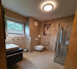 a bathroom with a toilet sink and a shower at Kitzbüheler Alpenlodge Bergblick Suite in Mittersill +63 photos