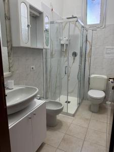 a bathroom with a shower and a toilet and a sink at La casa di Carlotta in Ceparana