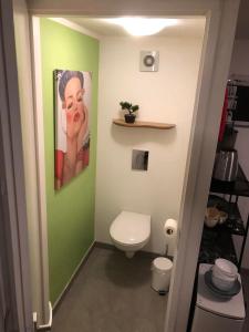 a bathroom with a toilet and a painting on the wall at Westkapelle appartement en vakantiehuis in Westkapelle +25 photos