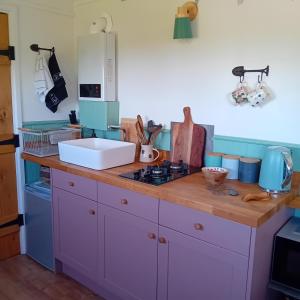 a kitchen with a counter top with a sink at stayinhartland Quincecote shepherds hut in Hartland