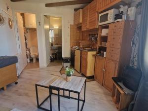 un salon avec une table et une cuisine dans l'établissement **Studio Montagne 2/3 pers - Pied des pistes, centre station** - FR-1-393-43, à Saint-Michel-de-Chaillol 7 autres photos