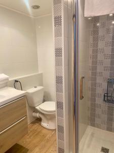 a bathroom with a toilet and a glass shower at Les Alcyons in Le Lavandou