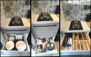 four images of a kitchen with a stove and utensils at Casa Kusuma in Prambanan