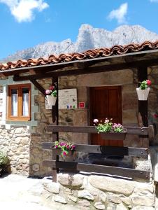 a stone house with two potted plants on the door at La Casuca ONE De Lebeña in Lebena