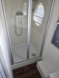 a shower with a glass door in a bathroom at Hausboot Tollow in Stralsund