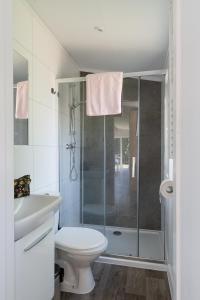 a bathroom with a shower with a toilet and a sink at Naturcamping Lüneburger Heide - Chalets & Tiny Häuser in Soltau +71 photos