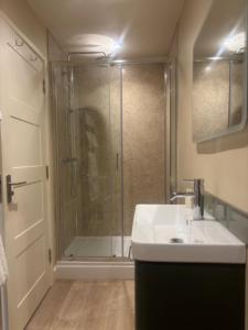 a bathroom with a shower and a white sink at White Hart Inn in Brightling +19 photos