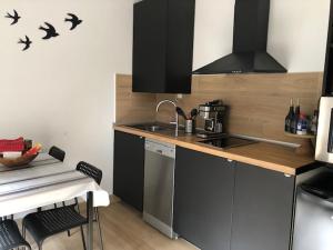 Η κουζίνα ή μικρή κουζίνα στο APPARTEMENT FACE À LA PLAGE Terrasse-Garage-Wifi-Draps et Serviettes