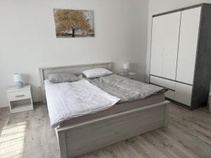 a bedroom with a large bed and a white wall at LG Apartman Siófok in Siófok