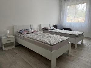 Dos camas individuales en una habitación con ventana. en LG Apartman Siófok, en Siófok