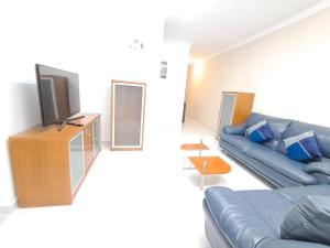 a living room with a blue couch and a tv at Apartamento T3 sta luzia in Santa Luzia