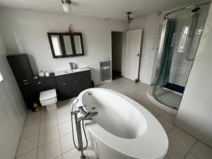 ein Badezimmer mit Badewanne, Waschbecken und Dusche in der Unterkunft Wellbet Farm in Lincoln + 37 Fotos