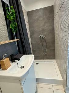 a bathroom with a sink and a shower and a tub at Joli Appartement au centre de carry le rouet in Carry-le-Rouet