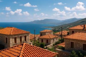 a view of a town with orange tile roofs at Platsa Seaview Retreat - A Stone-Built Escape in Plátsa