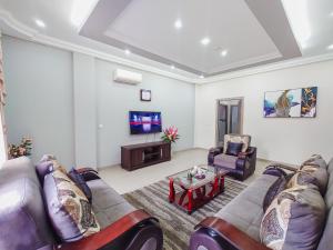 阿克拉Queens View Apartment的客厅里有沙发和电视