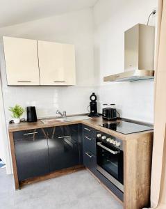 eine Küche mit schwarzen Geräten und weißen Schränken in der Unterkunft SH-Apartments-Stilvolles Studio in der Altstadt in Erfurt + 15 Fotos