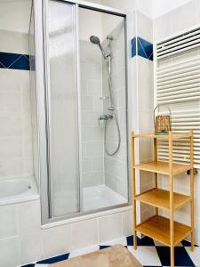 eine Dusche im Bad mit einer Duschkabine aus Glas in der Unterkunft SH-Apartments-Stilvolles Studio in der Altstadt in Erfurt