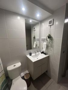 a bathroom with a toilet and a sink and a mirror at Departamento Santiago Centro Factura Empresas in Santiago