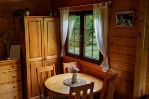 a table and chairs in a room with a window at Borowa Chatka in Borowy Młyn