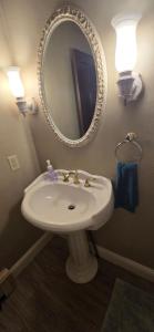a bathroom with a white sink and a mirror at Trailhead Room - Near Mendenhall Glacier, Trails, and Conveniences - DISCOUNTS ON TOURS! in Mendenhaven