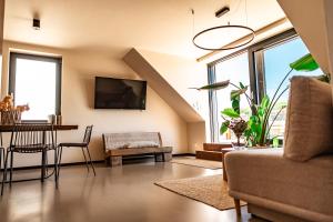 Televízia a/alebo spoločenská miestnosť v ubytovaní Rodinný apartmán s výhledem na zámek
