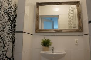 a bathroom with a sink and a mirror at Apartamenty z klimatem in Poznań +64 photos