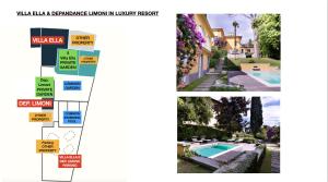 Un plano de una villa y una piscina. en Depadance Limoni, en Gardone Riviera