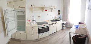 a kitchen with white cabinets and a refrigerator at Bluestars Home in Karlovy Vary