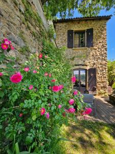 a house with pink roses in front of a building at La Bâtie - Vue imprenable - Amazing view - Parking privé in Vienne