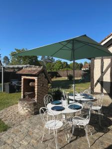 grupa stołów i krzeseł pod zielonym parasolem w obiekcie LA DEMEURE DU CERF - gîte de charme privatif en Sologne 6P avec Jacuzzi et piscine chauffée - Lamotte Beuvron Zoo de Beauval Center parcs w mieście Chaon