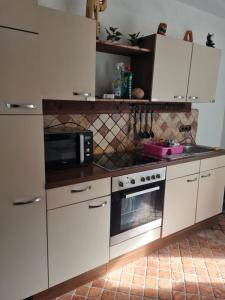 a kitchen with white cabinets and a microwave at Villa Dany in Klagenfurt