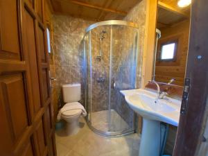 a bathroom with a shower and a toilet and a sink at KiDRAK OTEL MONTENEGRO-1 in Faralya +37 photos