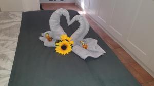 una coppia di cigni e fiori su un tappeto di Apartamento Carmen a Morro del Jable