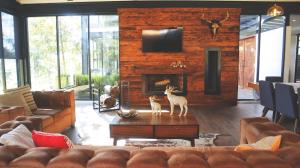 a living room with a couch and a fireplace at BIMBA en el corazón del bosque, Huasca in La Venta
