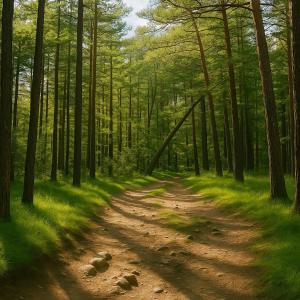 a dirt road in a forest with trees at Уютная квартира с видом на лес рядом с Боровым и Rixos in Shchūchīnsk