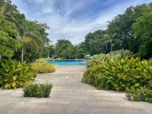 a view of a pool with trees and blue water at Tambuli Blue Premium Seaview in Lapu Lapu City