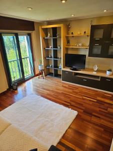a living room with a television and a wooden floor at El pisito de iker in Mondariz