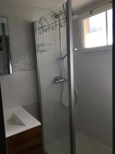 una ducha con una puerta de cristal junto a un lavabo en Acces Direct Plage, Vue Mer, Climatisation, en La Celle-sous-Gouzon