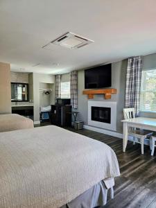a bedroom with a bed and a fireplace and a tv at Big Bear Frontier in Big Bear Lake