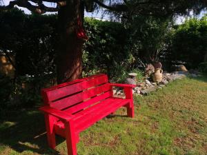 a red bench sitting in the grass next to a tree at B&B La Casa di Rita in Castrezzato +34 photos